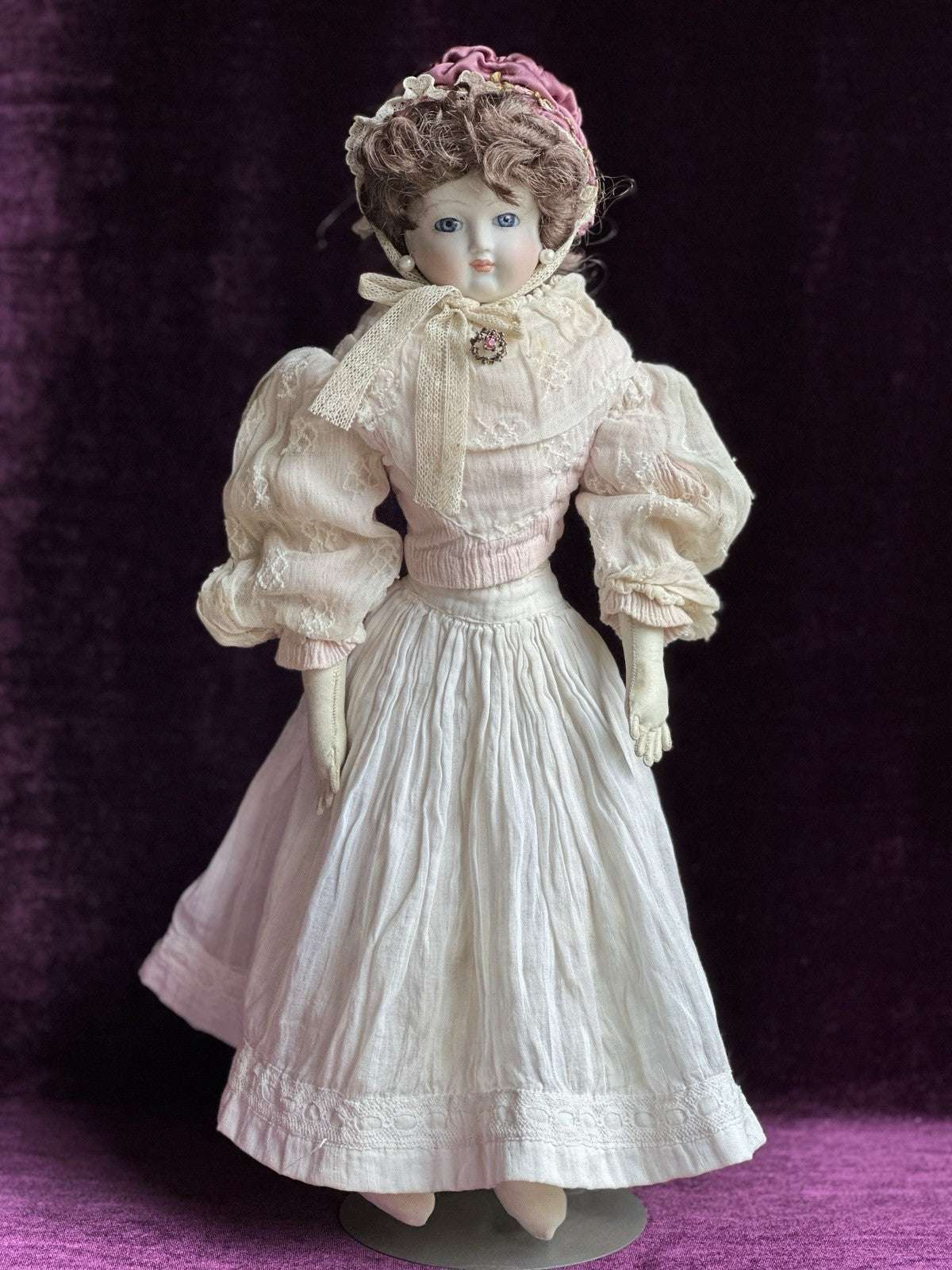 Vintage Porcelain 16” Reproduction Of Antique French Fashion Doll Leather Body