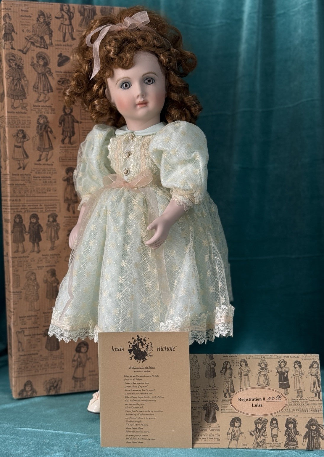 MIB Reproduction of Antique French A.14.T. Porcelain 18” Doll By Louis Nichole