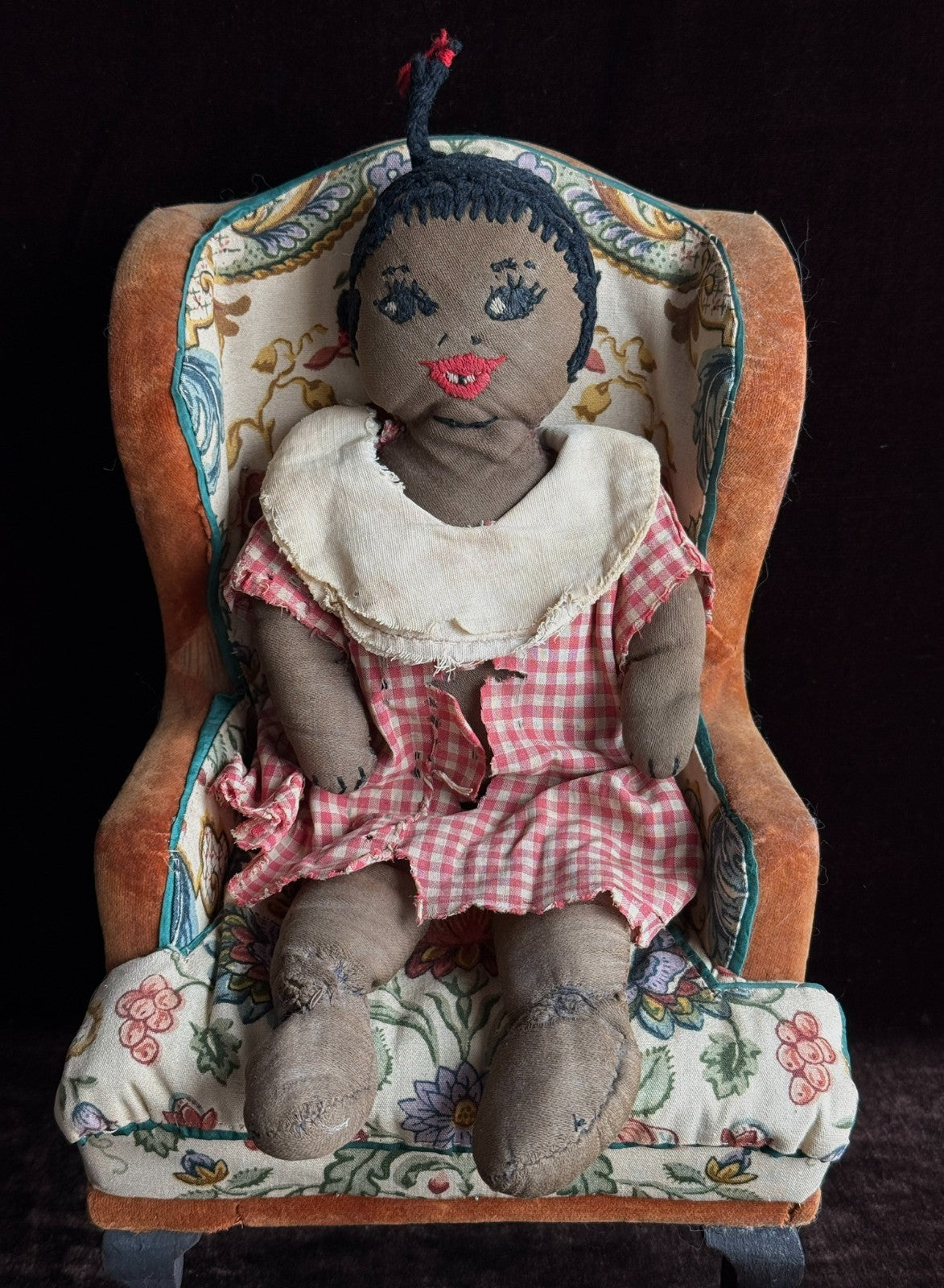 Antique/Vintage African American 12" Primitive Folk Art Cloth Rug Portrait Doll