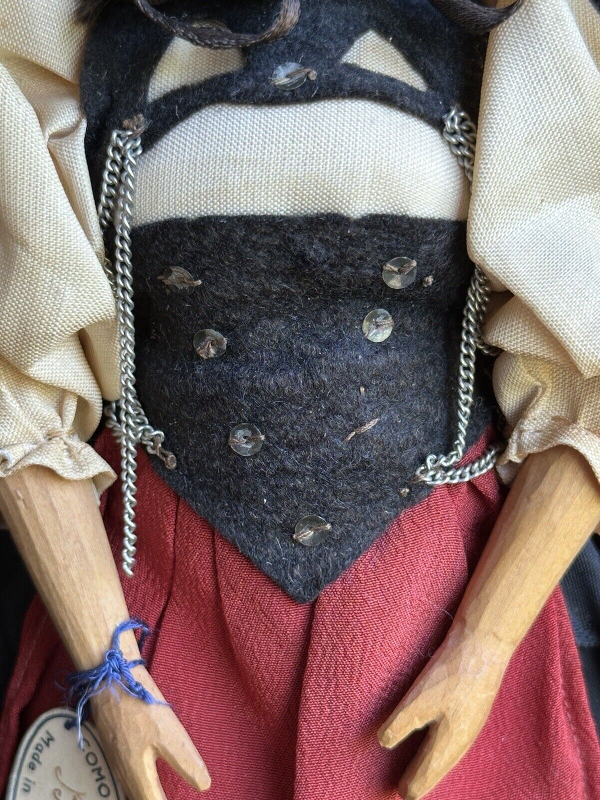 Vintage 10” Swiss Huggler Wood Carved Doll with Original Tag