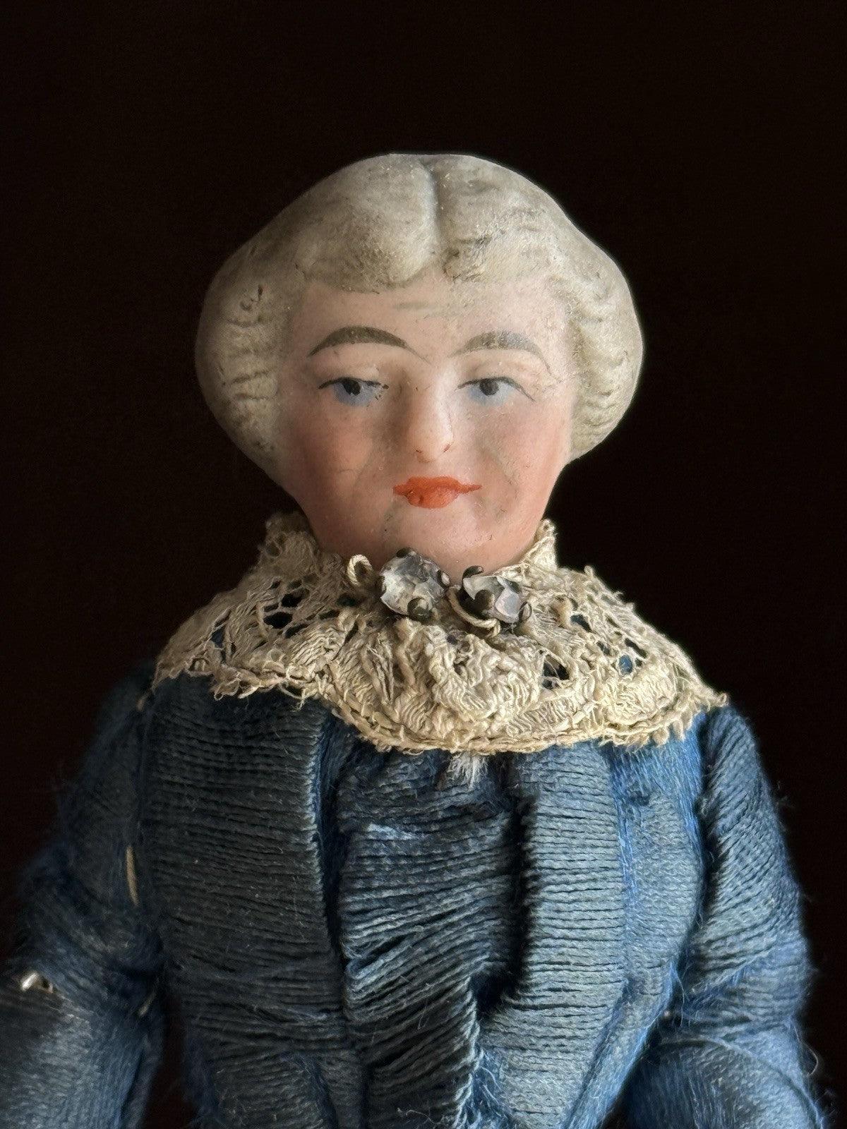 Antique German 5” Bisque Cloth Miniature Dollhouse Parian Character Doll