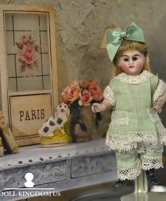 Antique German 4” All Bisque Mignonette Dollhouse Doll Unusual Green Boots