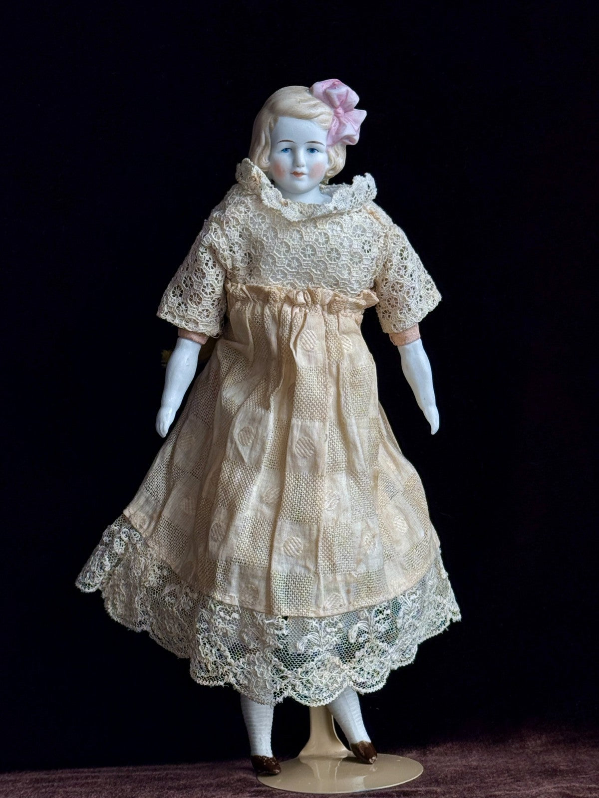 Antique German Hertwig 12” Bisque Molded Shoulder Plate and Bow Girl Doll