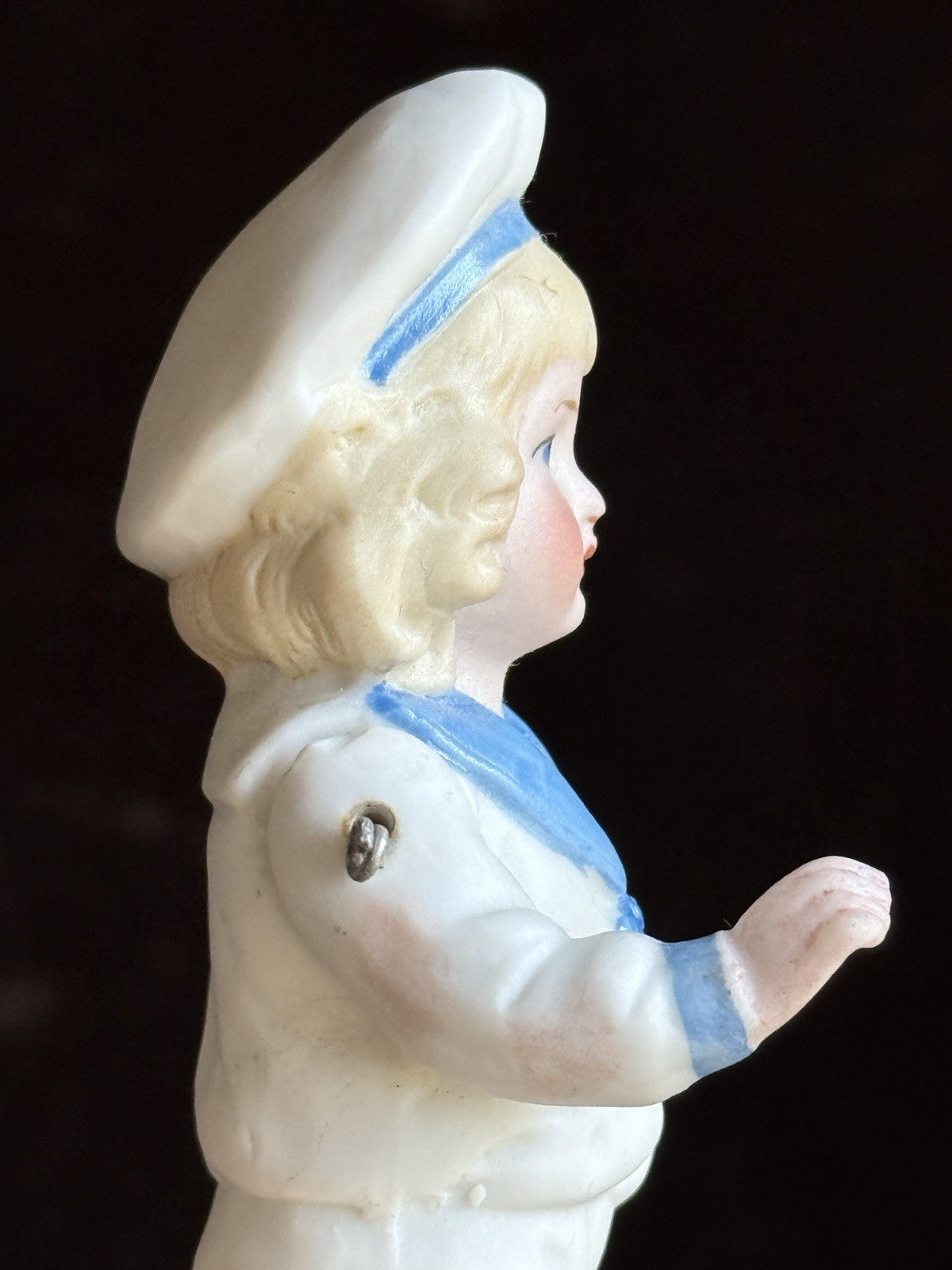 Antique German 4.25” All Bisque Miniature Dollhouse Doll Molded Sailor Outfit