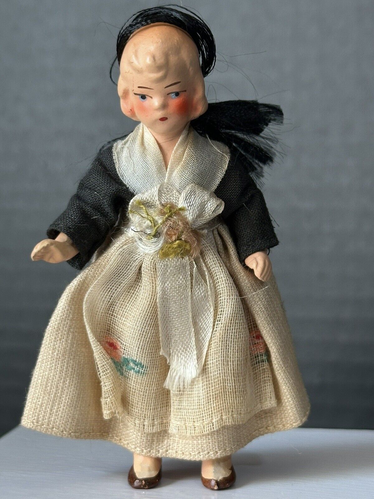 Pair of Antique German Hertwig  Miniature Dollhouse Boy and Girl 3 1/2” Dolls