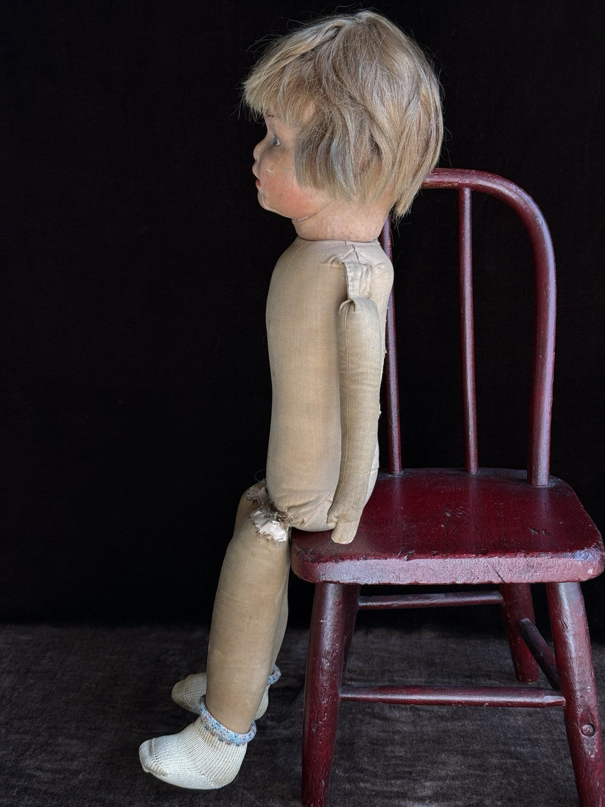 Antique American 18.5” Kamkins Cloth Oil Painted Doll