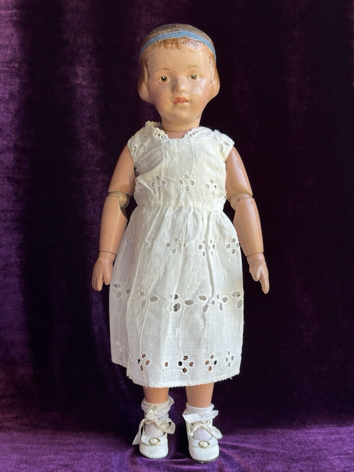 Antique American 16” Schoenhut 105 Wood Girl Doll with Carved Hair