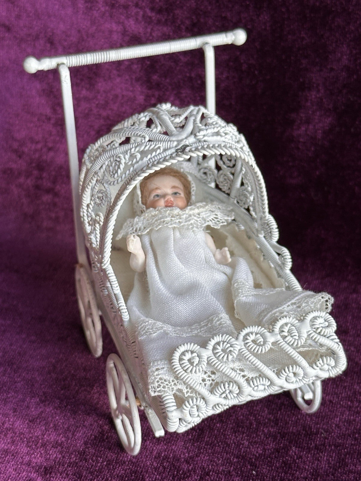 All Porcelain Signed Miniature Hilda (?) Dollhouse Baby Doll in Metal Buggy