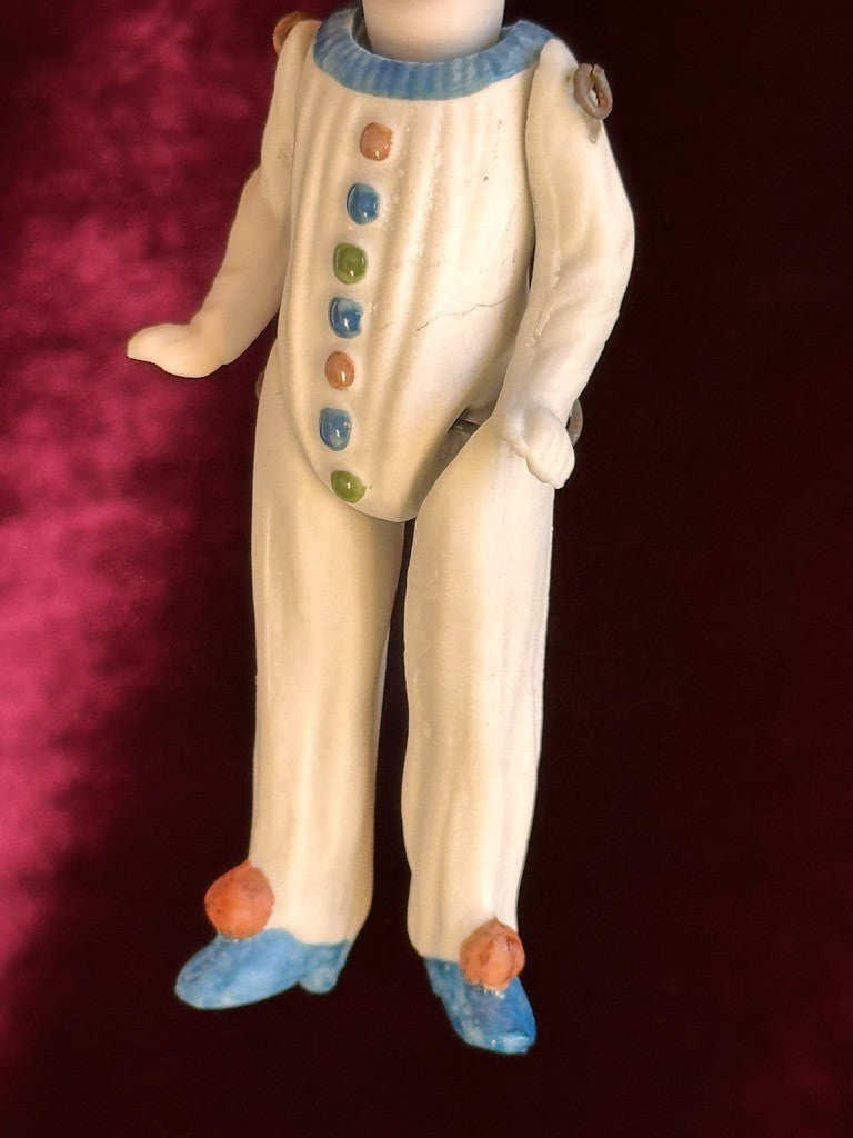 Antique German 4.375” Miniature All Bisque Jester Clown Dollhouse Doll