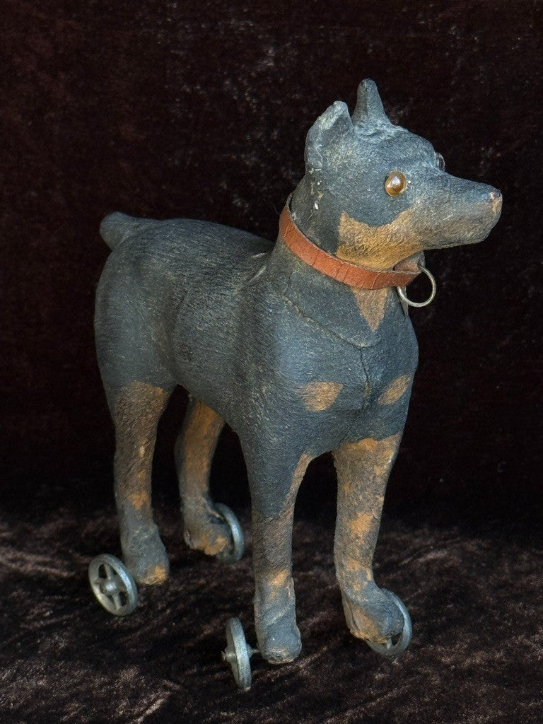 Antique German Papier-Mâché Doberman Pinscher Dog on Wheels Pull Toy