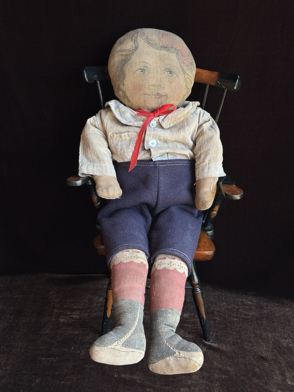 Antique American 20.5” Art Fabric Lithograph Cloth Rag Doll