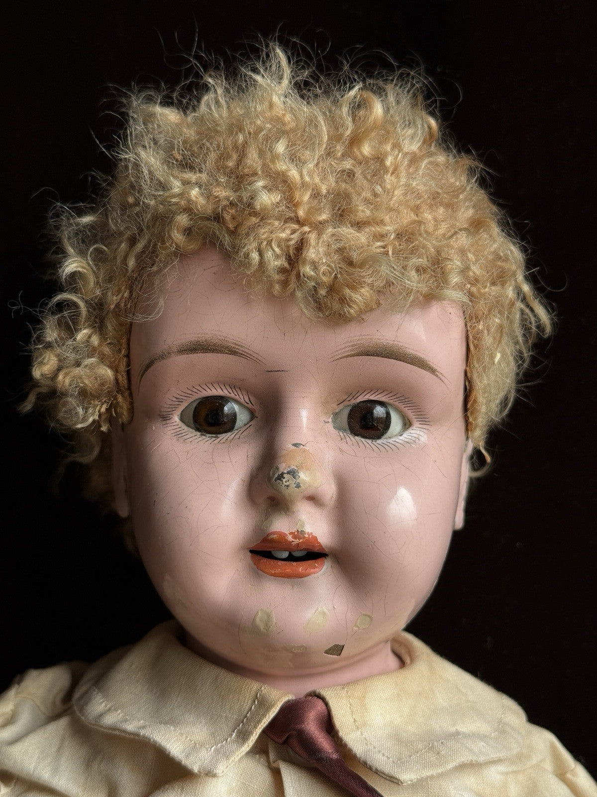 Large Antique German 25” Minerva Metal Tin Head Boy Doll