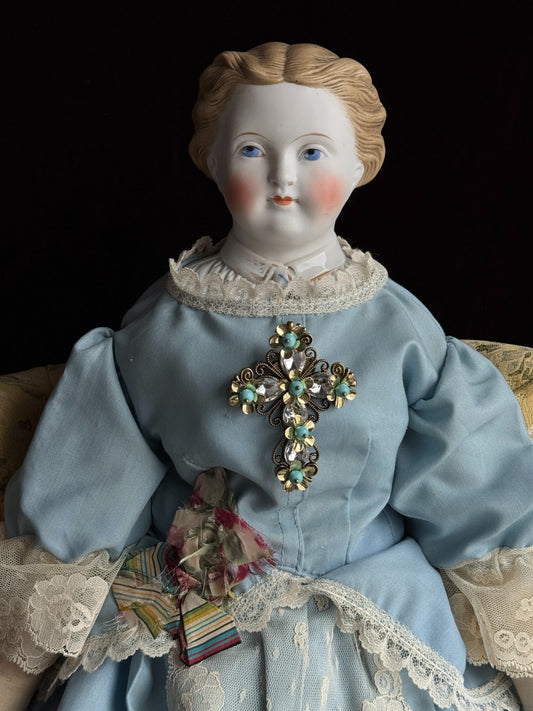 Large Antique German Kling 27” Dresden China Parian Molded Shoulder Head Doll