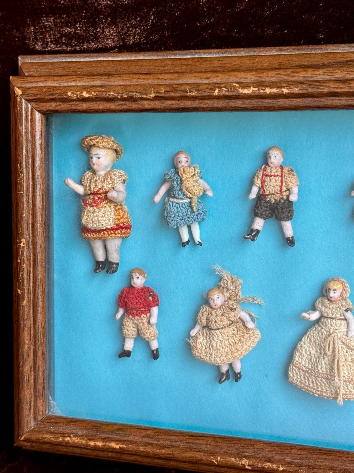 Antique Miniature Hertwig Carl Horn Dolls Framed Display 9 German Bisque Dolls