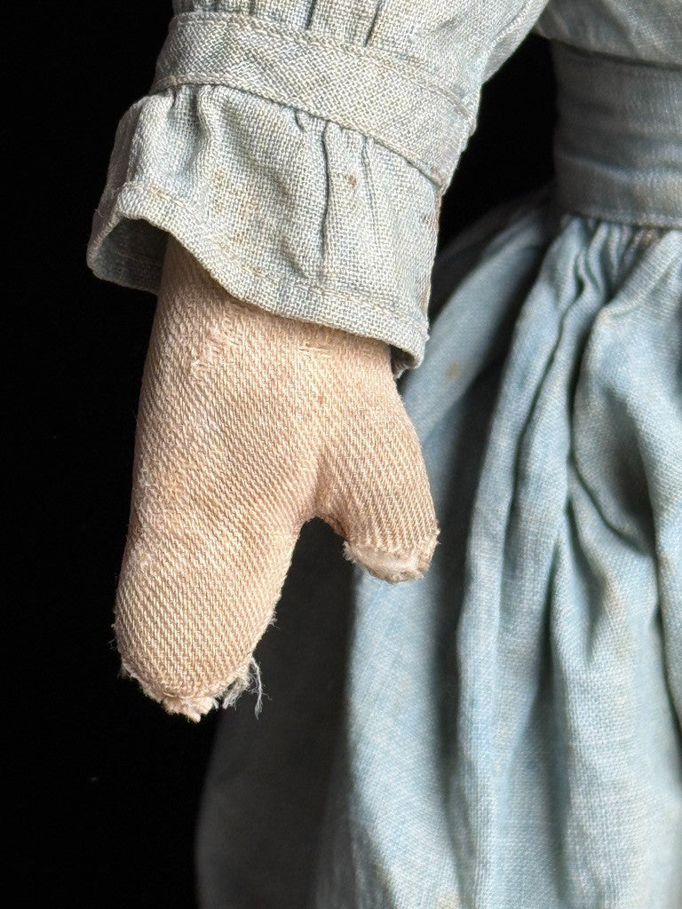 Antique American Moravian Style 16" Primitive Folk Art Cloth Rug Portrait Doll