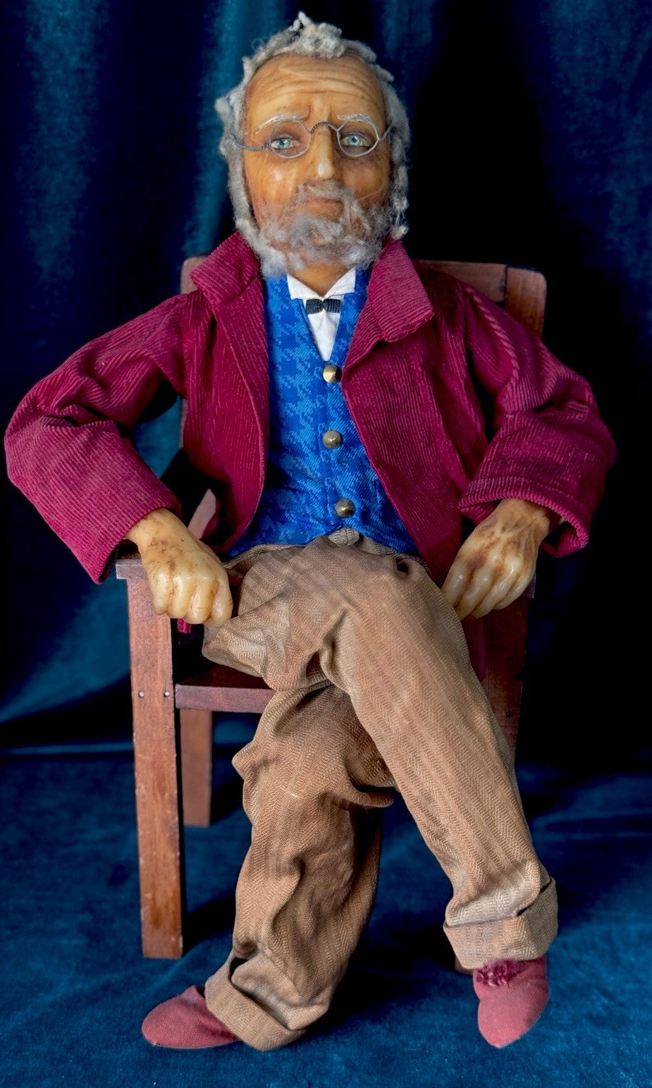 Unidentified Antique Old Men In The Wooden Chair Wax Doll