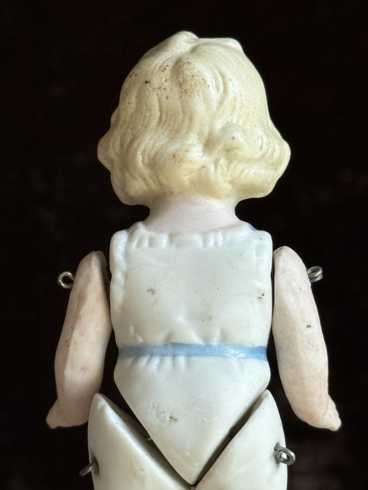 Antique German 4” All Bisque Miniature Dollhouse Doll Molded Outfit