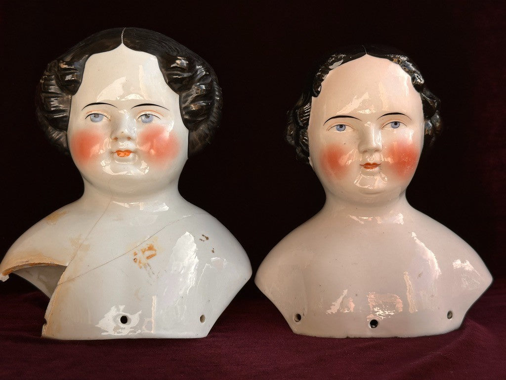 Lot of 2 Large Antique German Flat Top Highbrow China Dolls Shoulder Heads Only