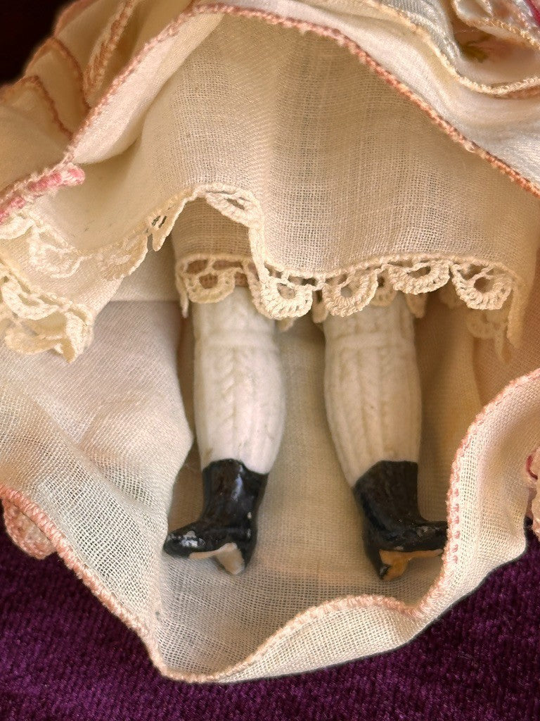 Antique German 4.875” Bisque Cloth Miniature Dollhouse Parian Doll with Bun