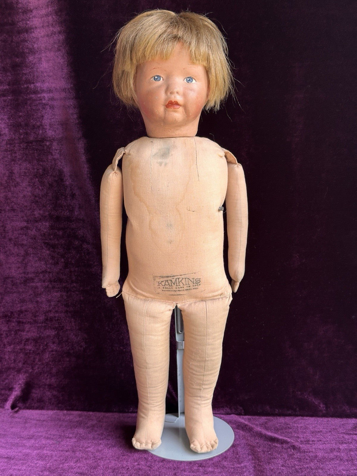 Antique American 19” Kamkins Cloth Oil Painted Doll