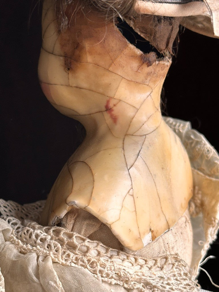Antique English All Original Mad Alice 22” Wax Over Papier Mache Head Doll