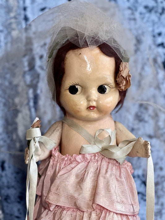 Antique American 17.5” Composition Carnival Prize Bride Doll