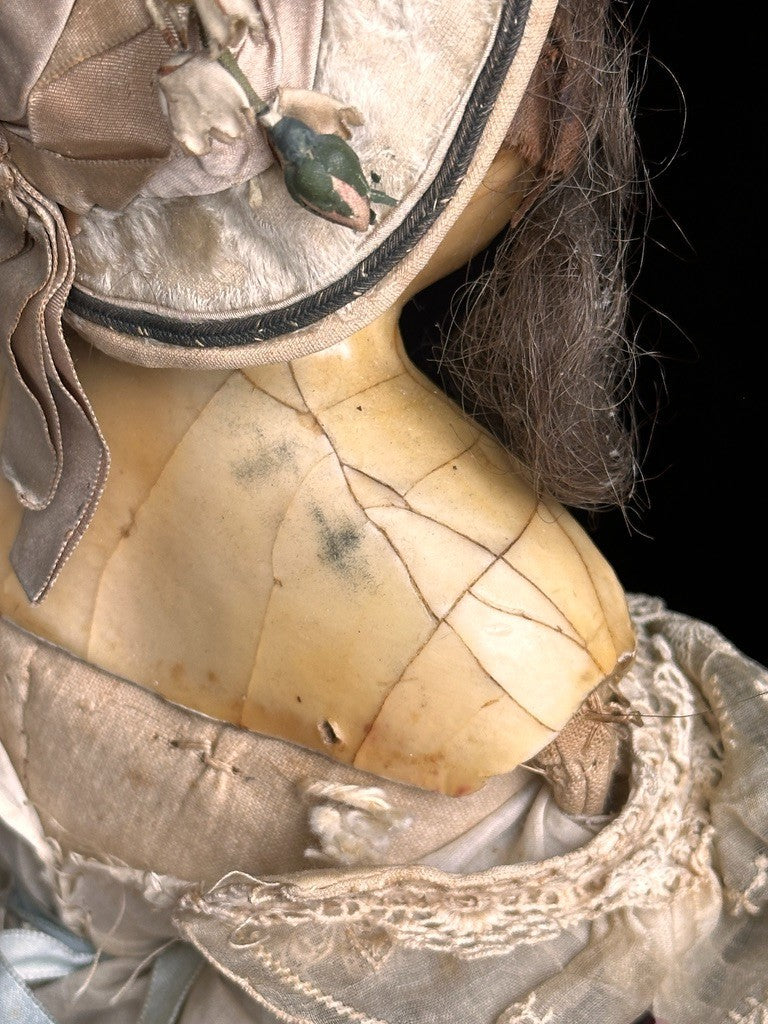 Antique English All Original Mad Alice 22” Wax Over Papier Mache Head Doll