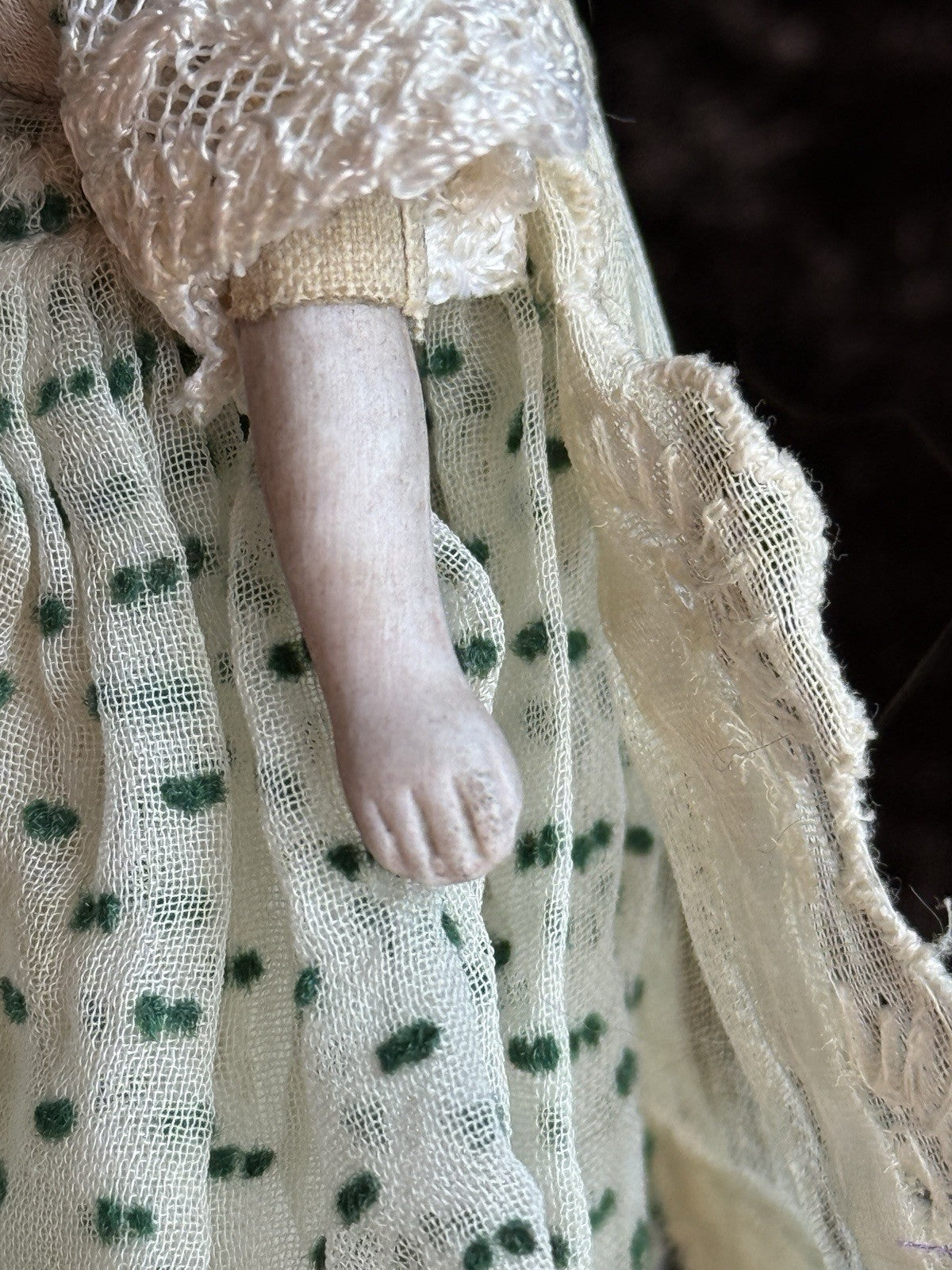 Antique German 5.5” Bisque Cloth Miniature Dollhouse Parian Doll with Bun