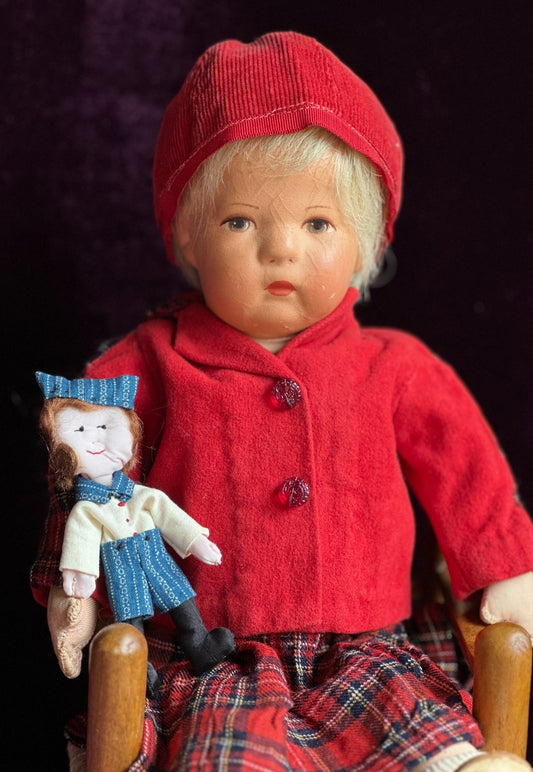Antique German 14.” Early Kathe Kruse Hampelchen Cloth Doll Human Hair Wig