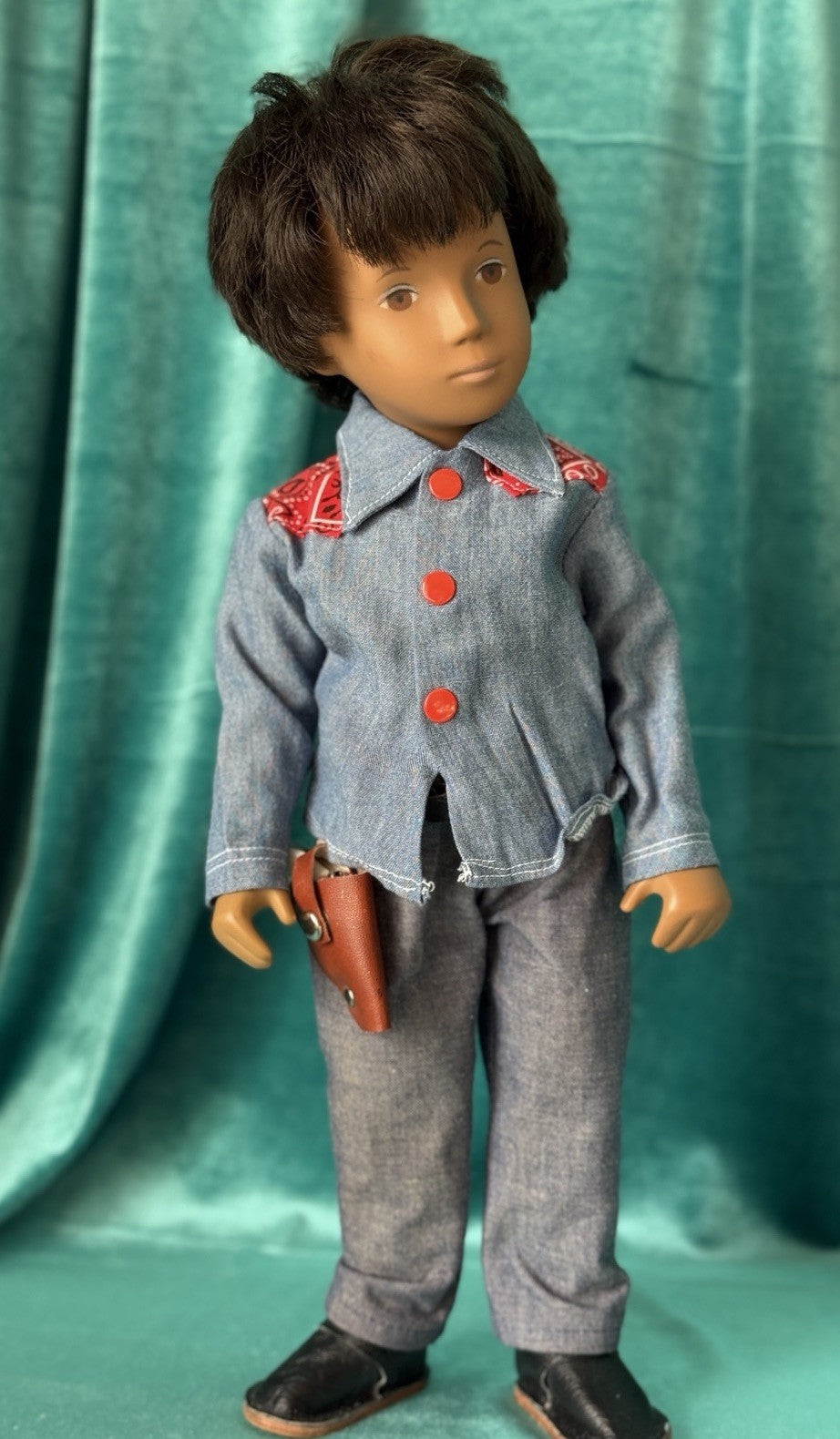 Collectible England Vinyl Brunette Boy Doll; Redressed/Denim Top