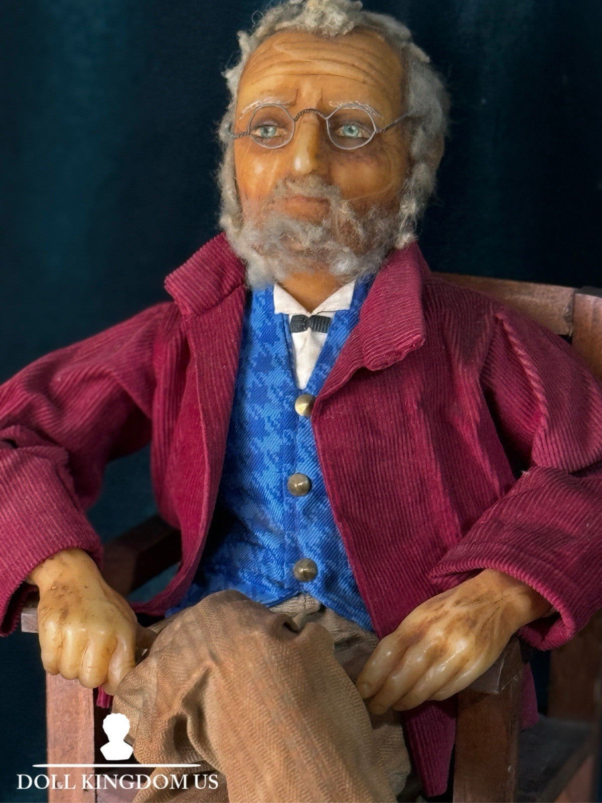 Unidentified Antique Old Men In The Wooden Chair Wax Doll