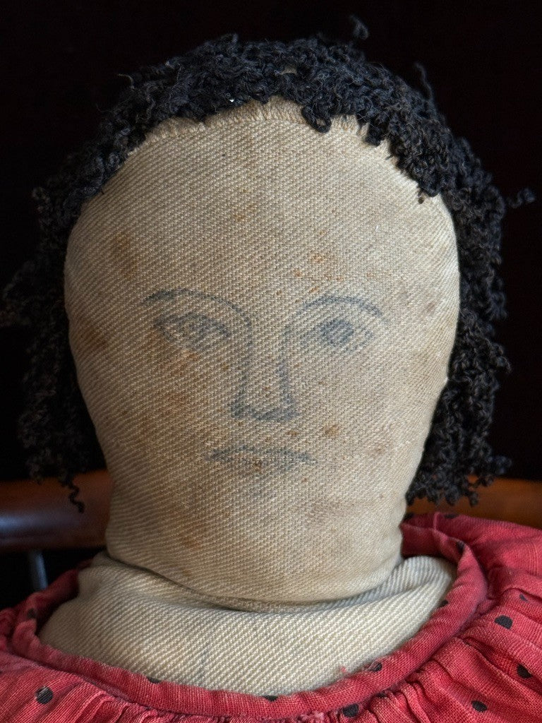Antique American 21" Primitive Folk Art Cloth Rug Portrait Doll