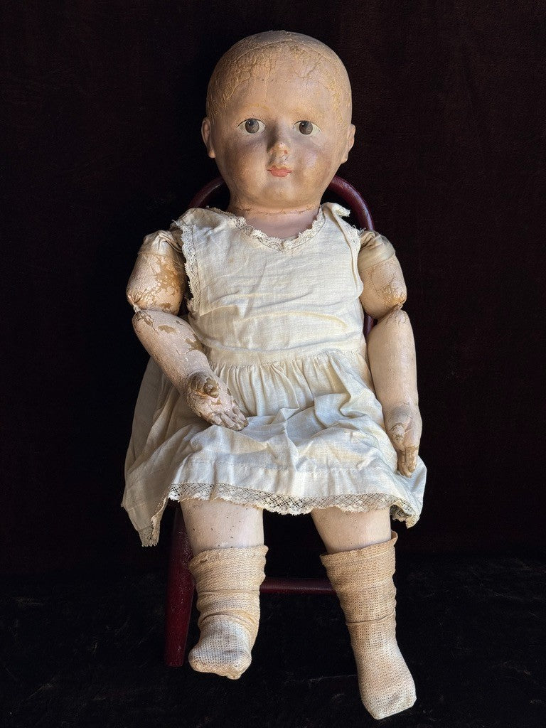 Rare Antique American 22” Gertrude Rollinson Oil Painted Cloth Baby Doll