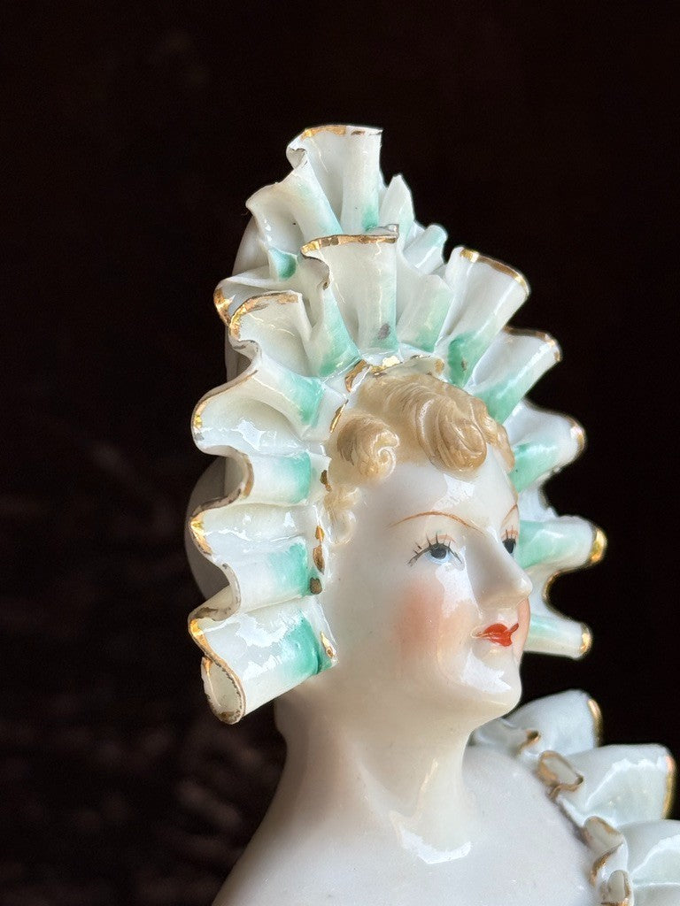 Vintage Japan (?) Cabinet Size 11.75” Dresden Style Molded Lace China Bust Doll
