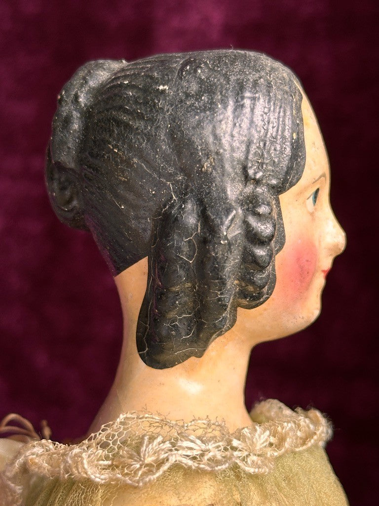 Antique German 14” Papier Mache Milliner’s Model Spaniel Ears Molded Bun Doll