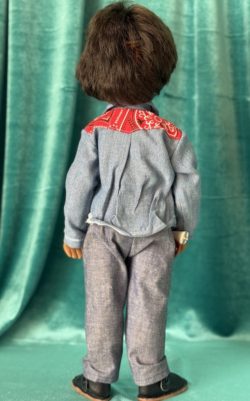 Collectible England Vinyl Brunette Boy Doll; Redressed/Denim Top