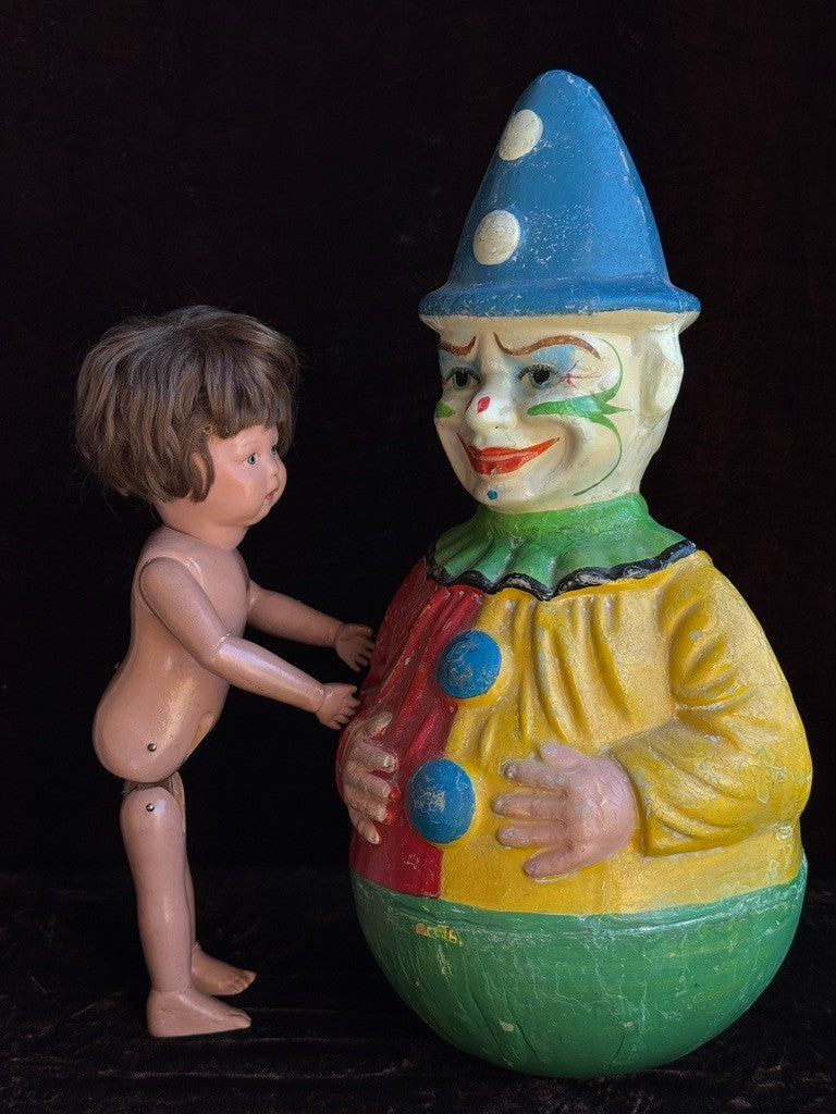 Large Antique American 15” Schoenhut Papier Mache Roly Poly Clown Toy