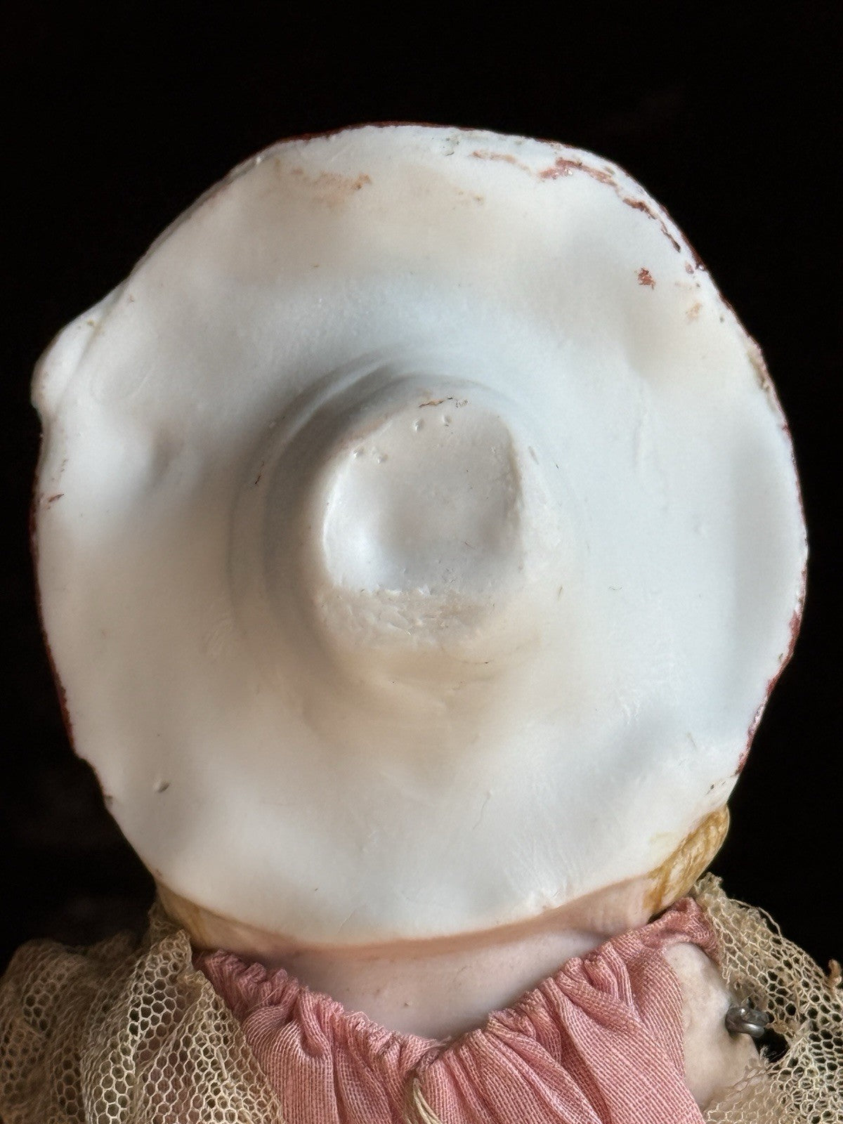 Antique German 7" Hertwig All Bisque Molded Hat Girl Doll