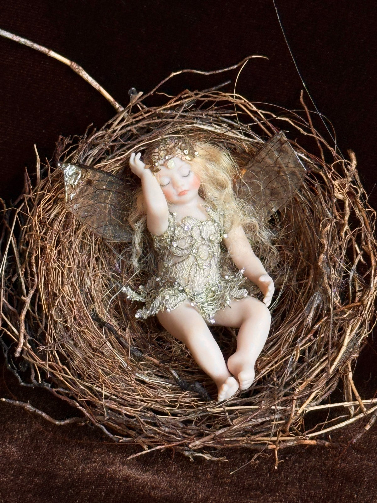 OOAK Miniature Susan Snodgrass Contemporary Artist Porcelain Fairy Doll in Nest