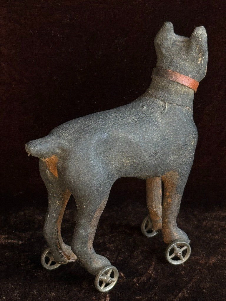 Antique German Papier-Mâché Doberman Pinscher Dog on Wheels Pull Toy