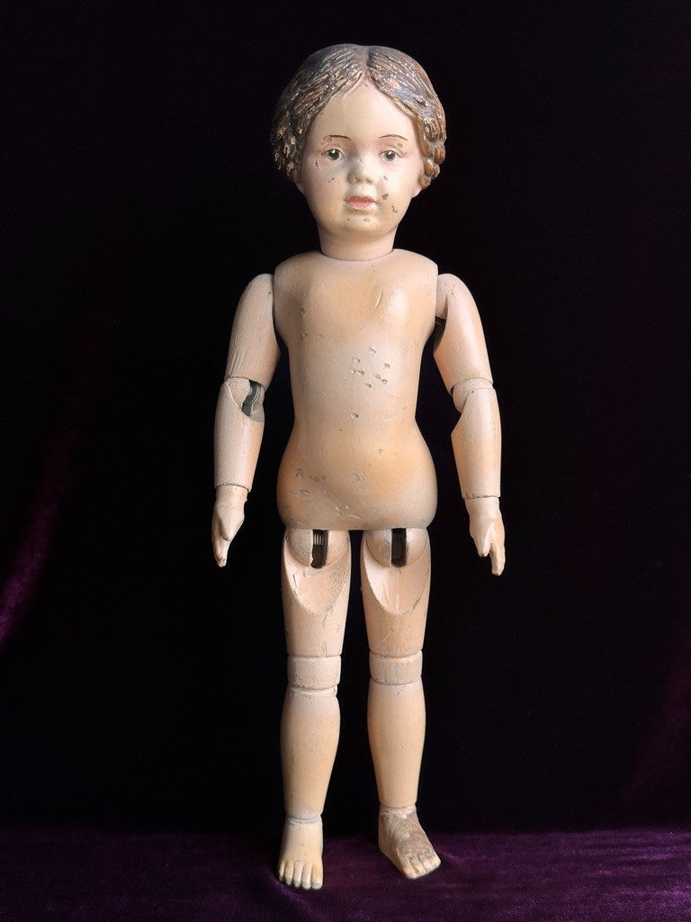 Antique American 16” Schoenhut 102 Series Wooden Doll Carved Braided Hair Bow