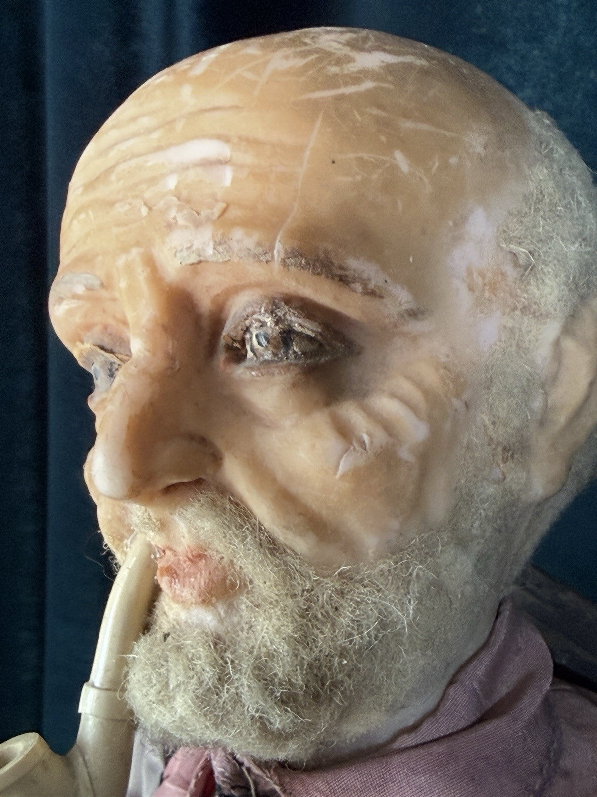 Unidentified Antique (?) Wax Doll Old Men In The Wooden Chair Smoking Pipe