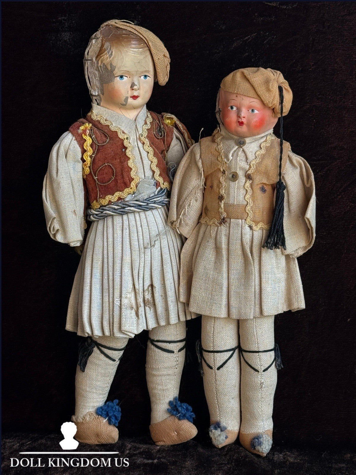 Lot of 2 Antique Composition Cloth Doll In Traditional Greek Costumes