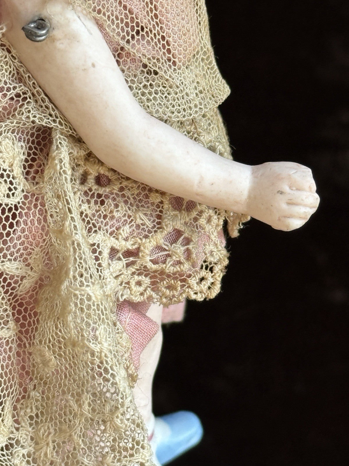 Antique German 7" Hertwig All Bisque Molded Hat Girl Doll