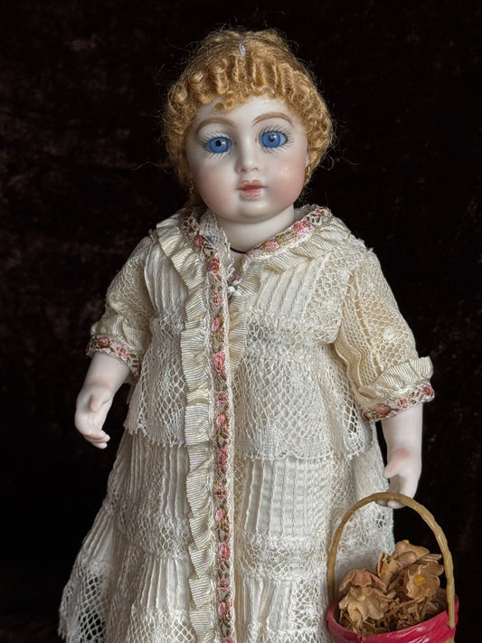Miniature 7.5” Cathy Hansen Hand Signed Porcelain Repro of Antique Bru Doll