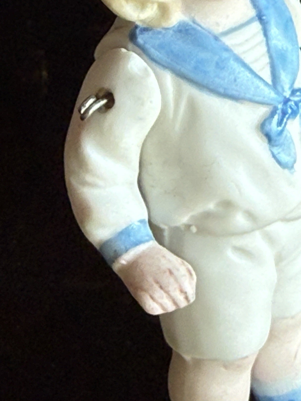 Antique German 4.25” All Bisque Miniature Dollhouse Doll Molded Sailor Outfit