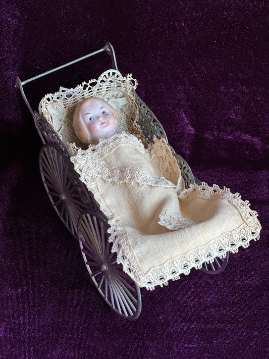 Antique German Miniature All Bisque Limbach 9307 Googly Eye Doll in Carriage