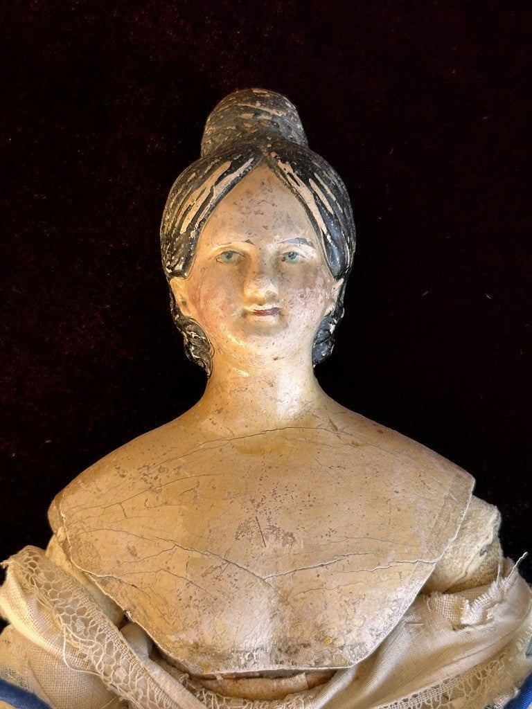 Early Antique German 12” Papier Mache Milliner’s Model Doll with Bun