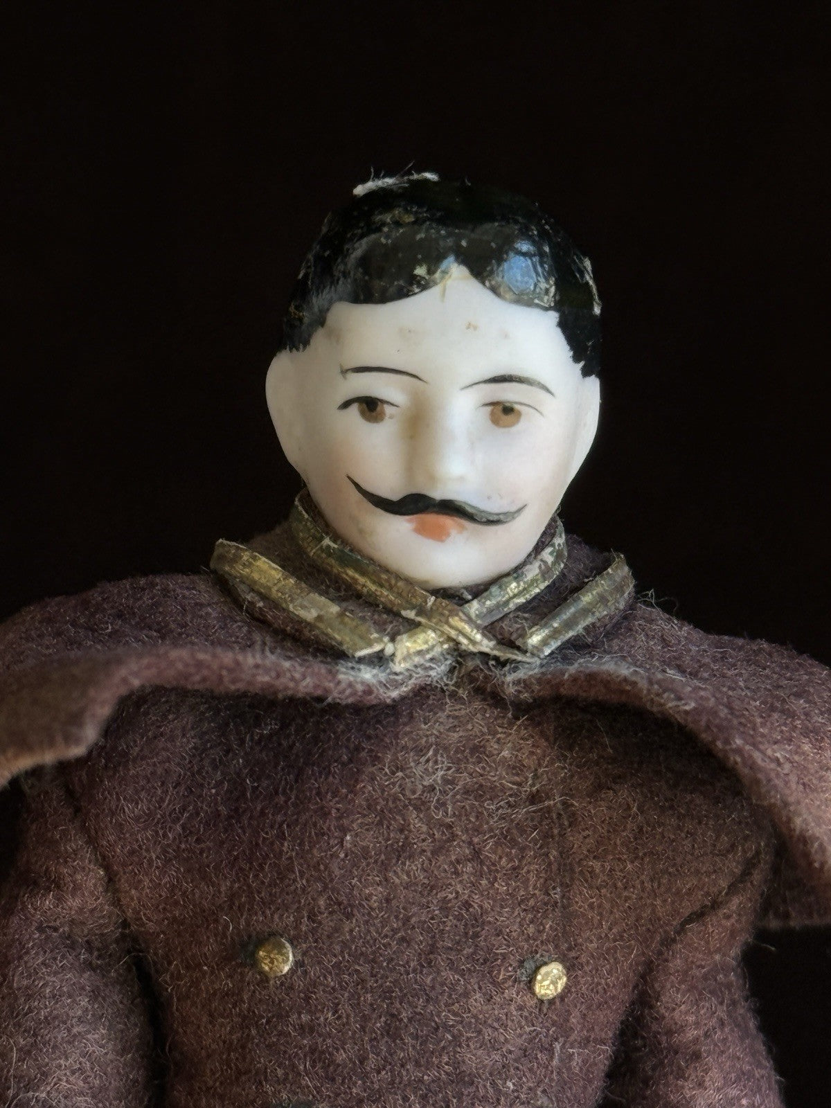 Antique German 4.875” Bisque Miniature Dollhouse Male Mustache Soldier Doll