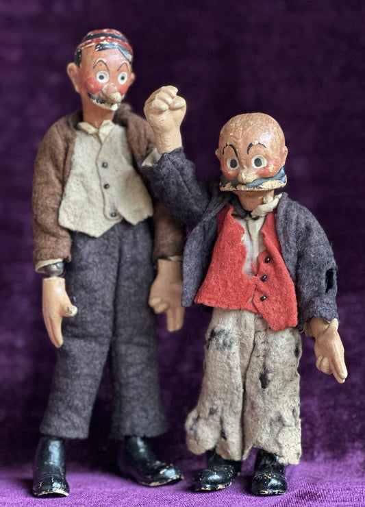 2 Antique Swiss SABA Bucherer Mutt & Jeff Ball Jointed Metal Dolls Toys